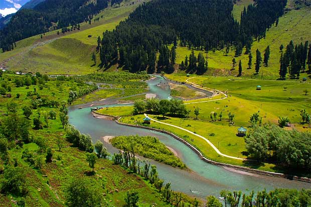 Betaab Valley - lush green valley with snow-dusted mountains near Pahalgam